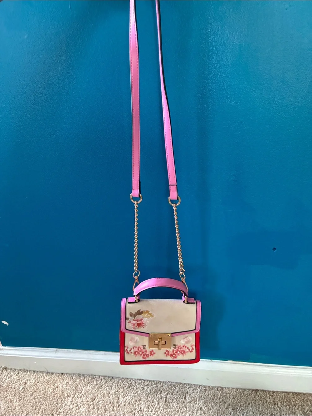 Aldo Cream Floral Top-Handle Satchel with Pink and Red Trim